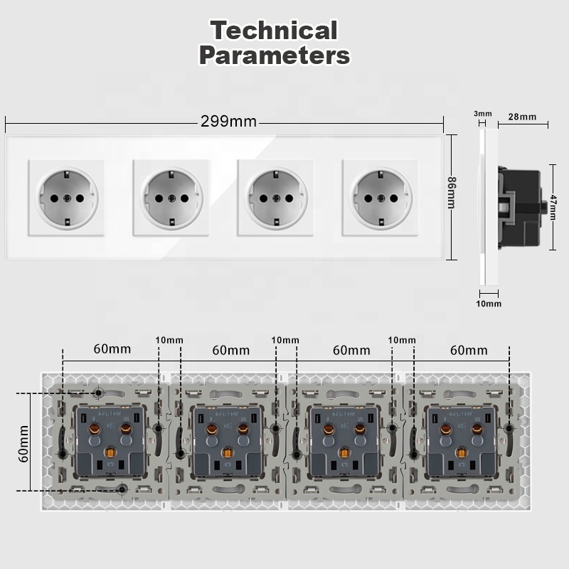 NOVSKI White Grey Black 220v Eu Russia Standard Tempered Glass 4 Outputs Wall Electric Modular Plug Switch And Socket