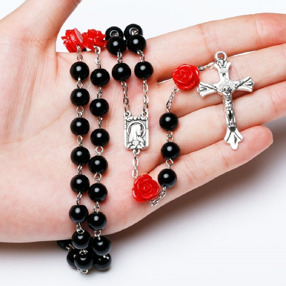 Multi Colors Beads Rosary necklace Child Christian Rosaries Long bead chain wiht Cross jesus pendant Necklace for kid