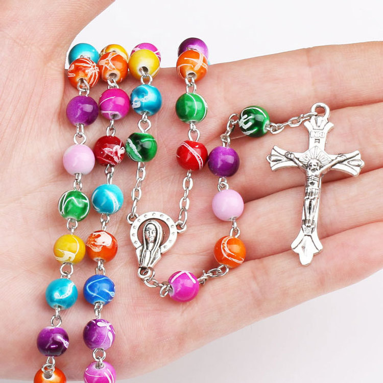 Multi Colors Beads Rosary necklace Child Christian Rosaries Long bead chain wiht Cross jesus pendant Necklace for kid