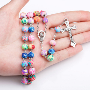 Multi Colors Beads Rosary necklace Child Christian Rosaries Long bead chain wiht Cross jesus pendant Necklace for kid