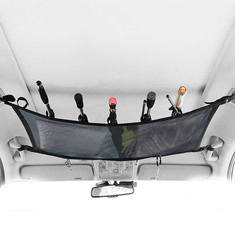 Double interior car roof storage bag organizer with zipper auto Vehicle Fishing Rod Rack Pole Holder car ceiling storage net