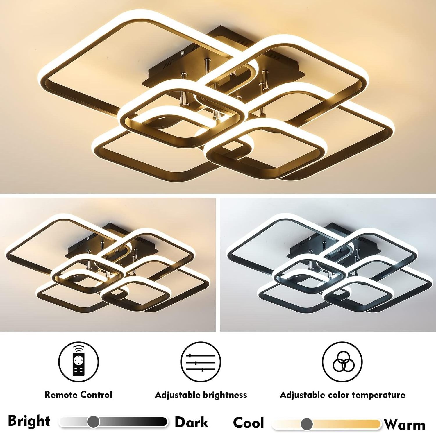 Modern LED Ceiling Light 6 Rings Square Ceiling Lamps with Remote Control 3-Color Semi Flush Mount Light Fixture