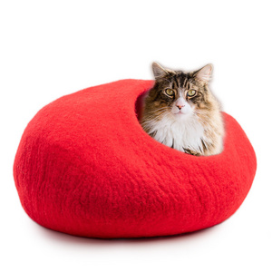 Handmade Felted Cat Cave: Cozy Red Wool Cat Bed - Ideal Cat Lover Gift - Unique Purple Pet Bed - Handcrafted in Nepal