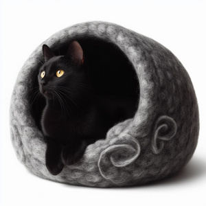 Organic Wool Felted Black Color Cat Cave Handmade in Nepal Indoor Pet Bed By local artisans felt Premium quality New Zealand Woo