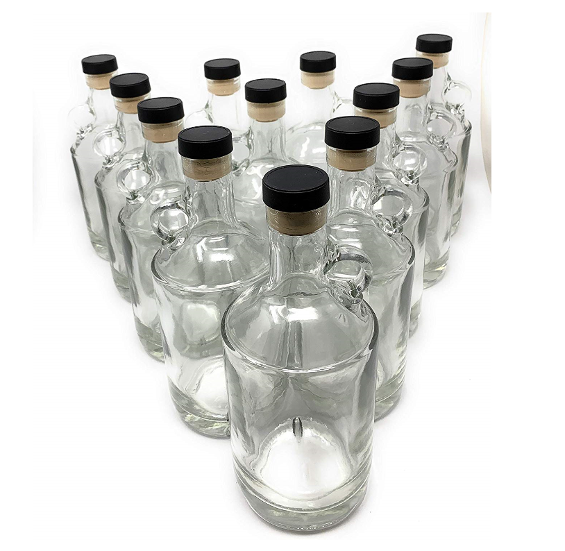 750ml Moonshine Glass Bottle with Finger Ring and Cork Stopper (12 Pack) Decanter for Whiskey, Vodka, Spirits, Alcohol