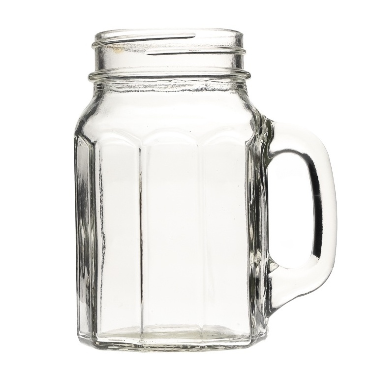 Embossed Logo 530ml Hexagonal Beverage Glass Mason jar with Handle and Straw