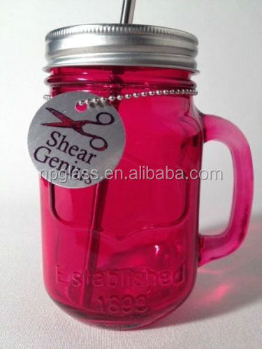 12oz color glass mason jar with metal lid and straw