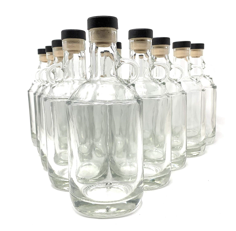 750ml Moonshine Glass Bottle with Finger Ring and Cork Stopper (12 Pack) Decanter for Whiskey, Vodka, Spirits, Alcohol