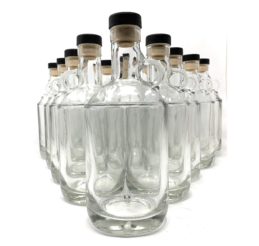 750ml Moonshine Glass Bottle with Finger Ring and Cork Stopper (12 Pack) Decanter for Whiskey, Vodka, Spirits, Alcohol