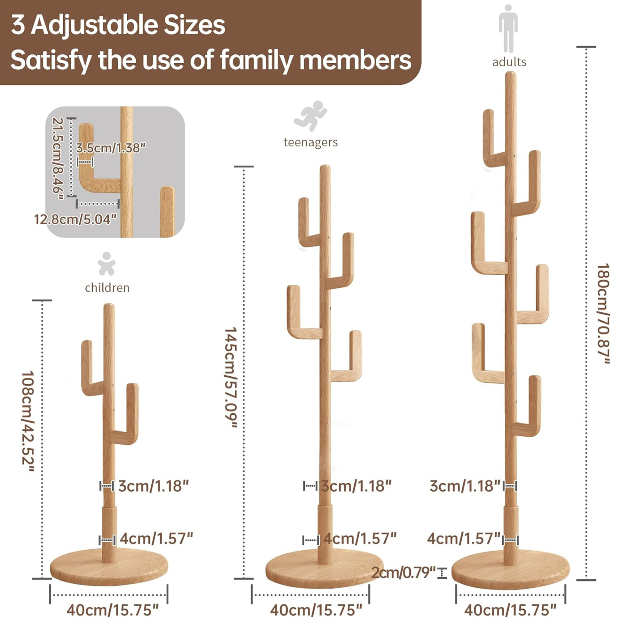 Creative Home Entrance Clothes Hats Bags Scarves Umbrellas Wooden Coat Hanger With Cactus Shape Hooks Freestanding Coat Rack