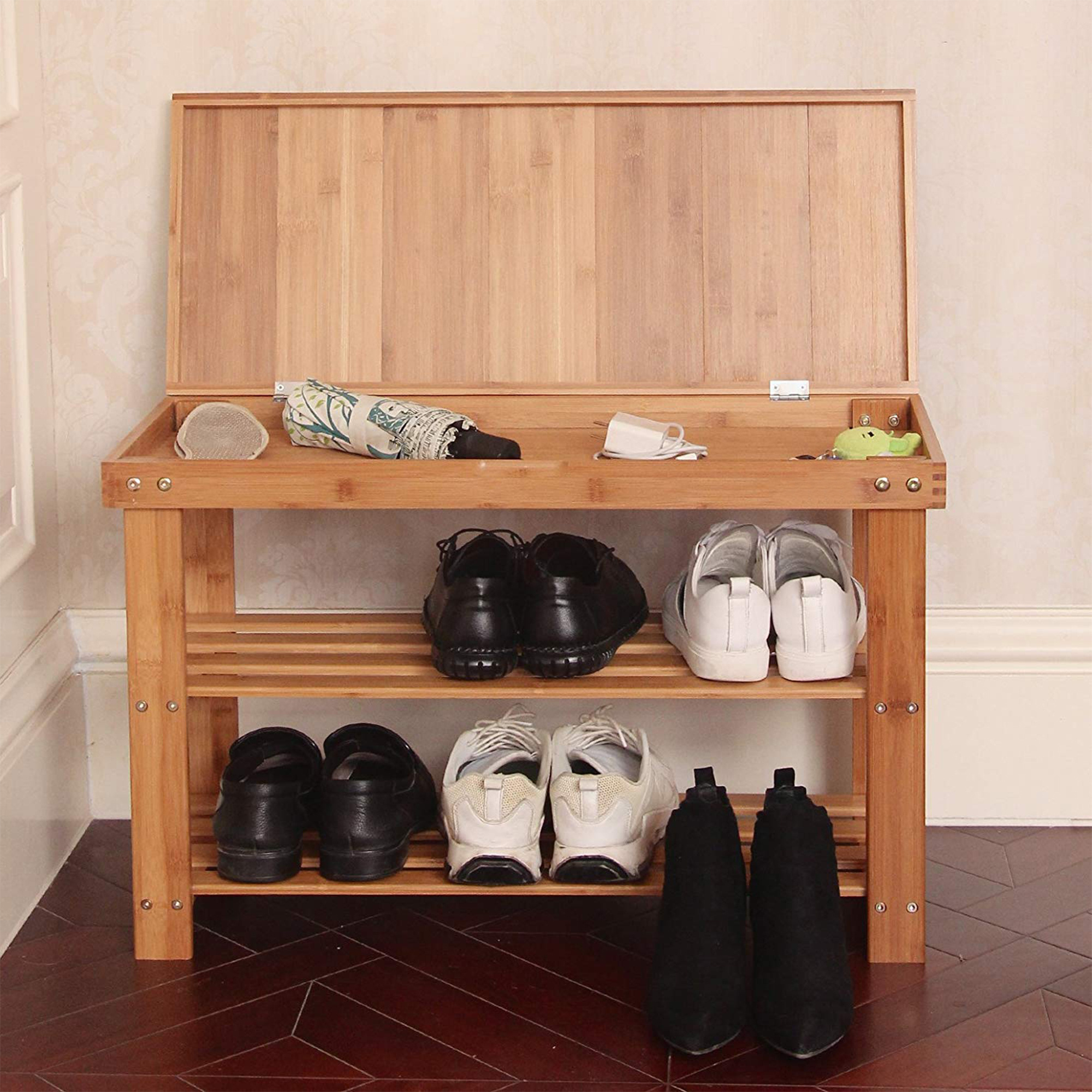 Bamboo Shoe Rack Storage Bench Organizer Boot Shelf With Storage Drawer On Top For Entryway