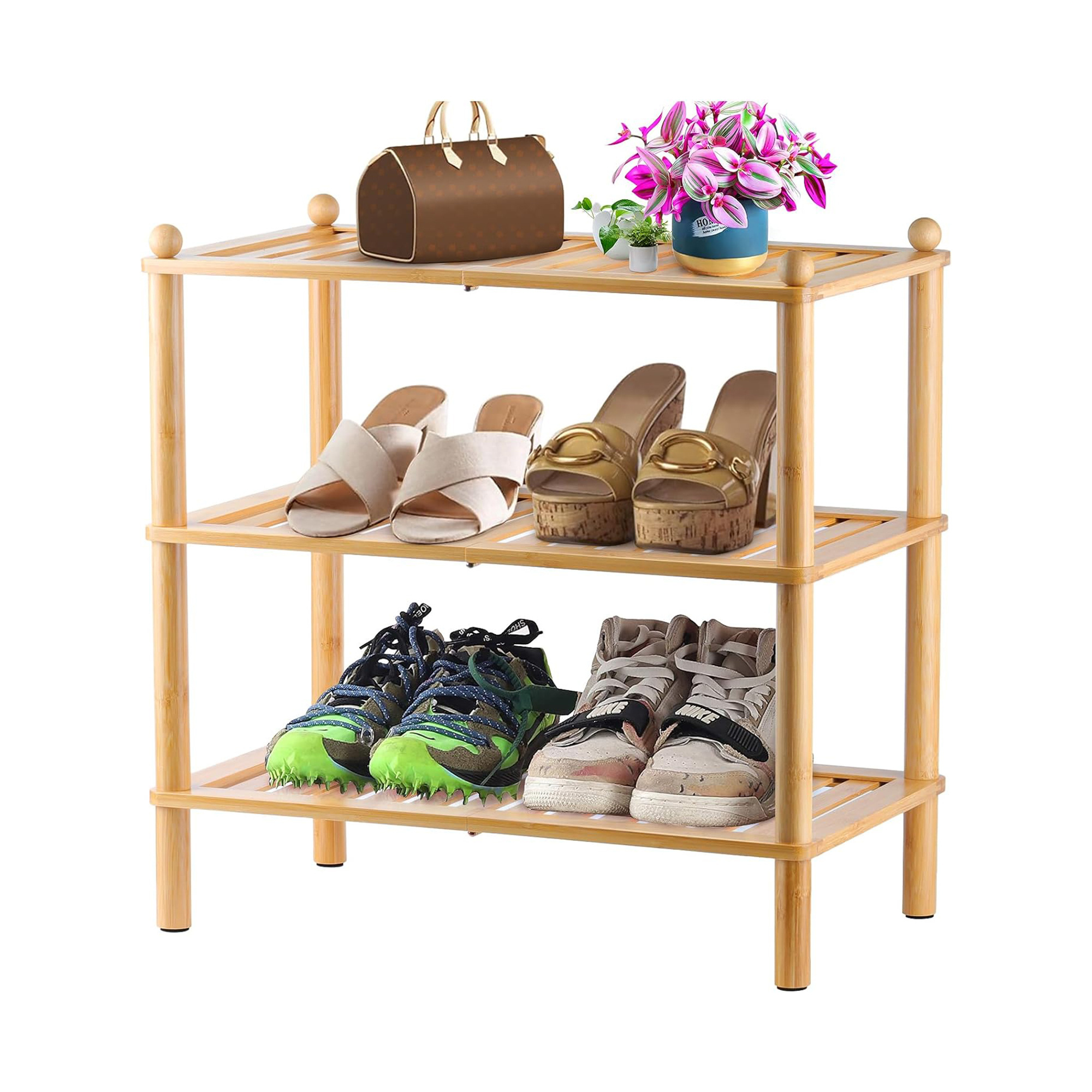 Custom Design Modern 3-Tier Wooden Bamboo Entryway Shoe Shelves Storage Organizer Shoes Rack Flower Stand