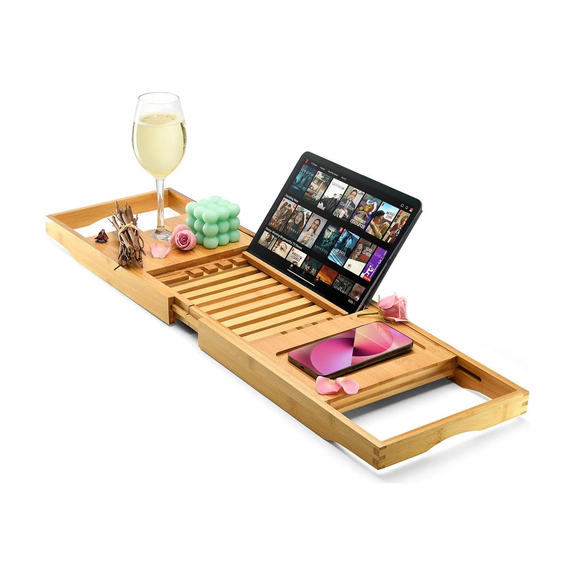 Eco-Friendly Luxury Wood Bamboo Bath Caddy Tray Expandable Spa Bathtub Shelf With Extending Sides For Tablet