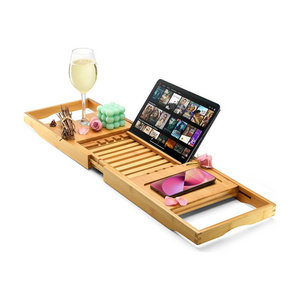 Eco-Friendly Luxury Wood Bamboo Bath Caddy Tray Expandable Spa Bathtub Shelf With Extending Sides For Tablet