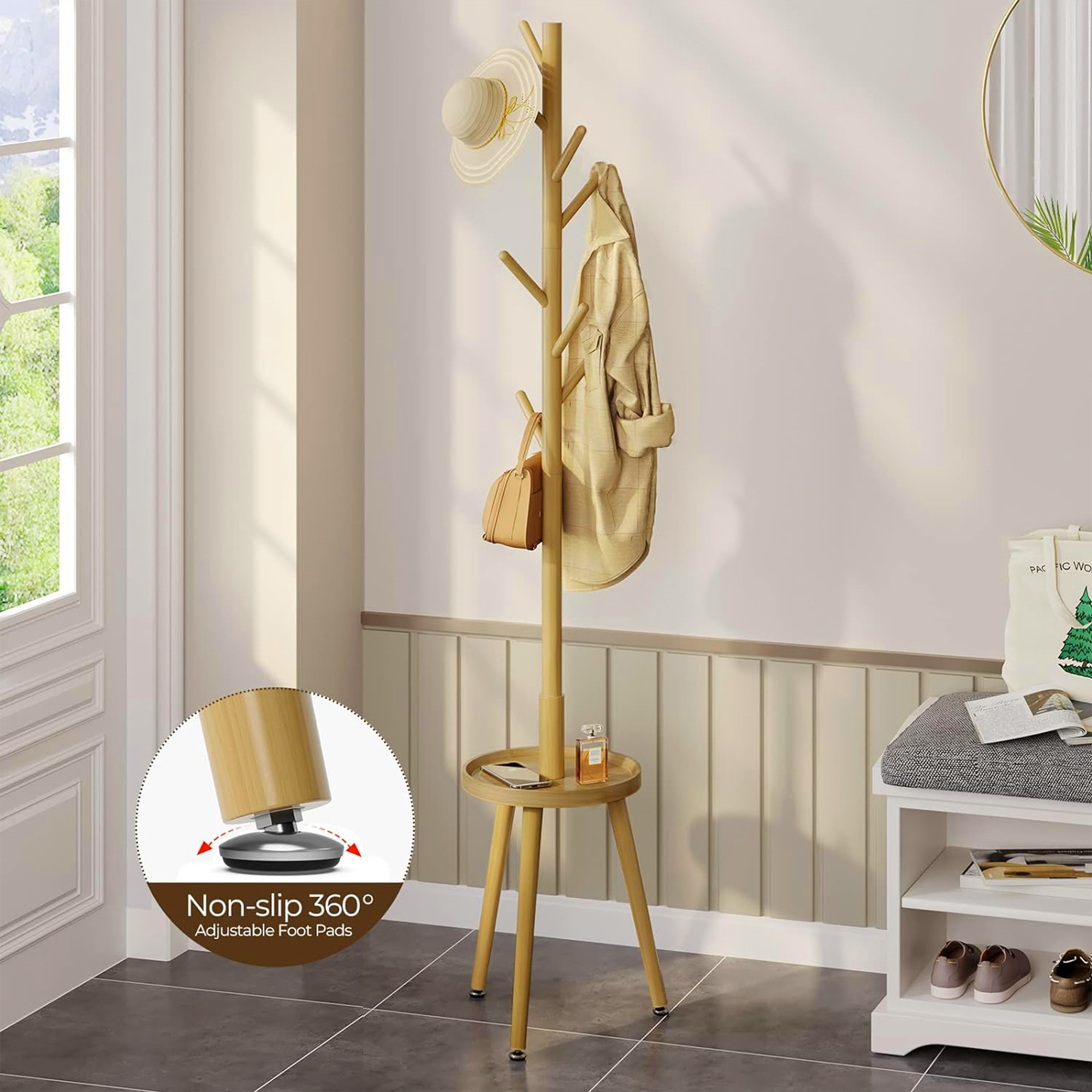 Creative Floor Standing Solid Bamboo Coat Rack Tree With Stable Reinforced Tray And 8 Hooks For Home Or Office Hall And Entryway