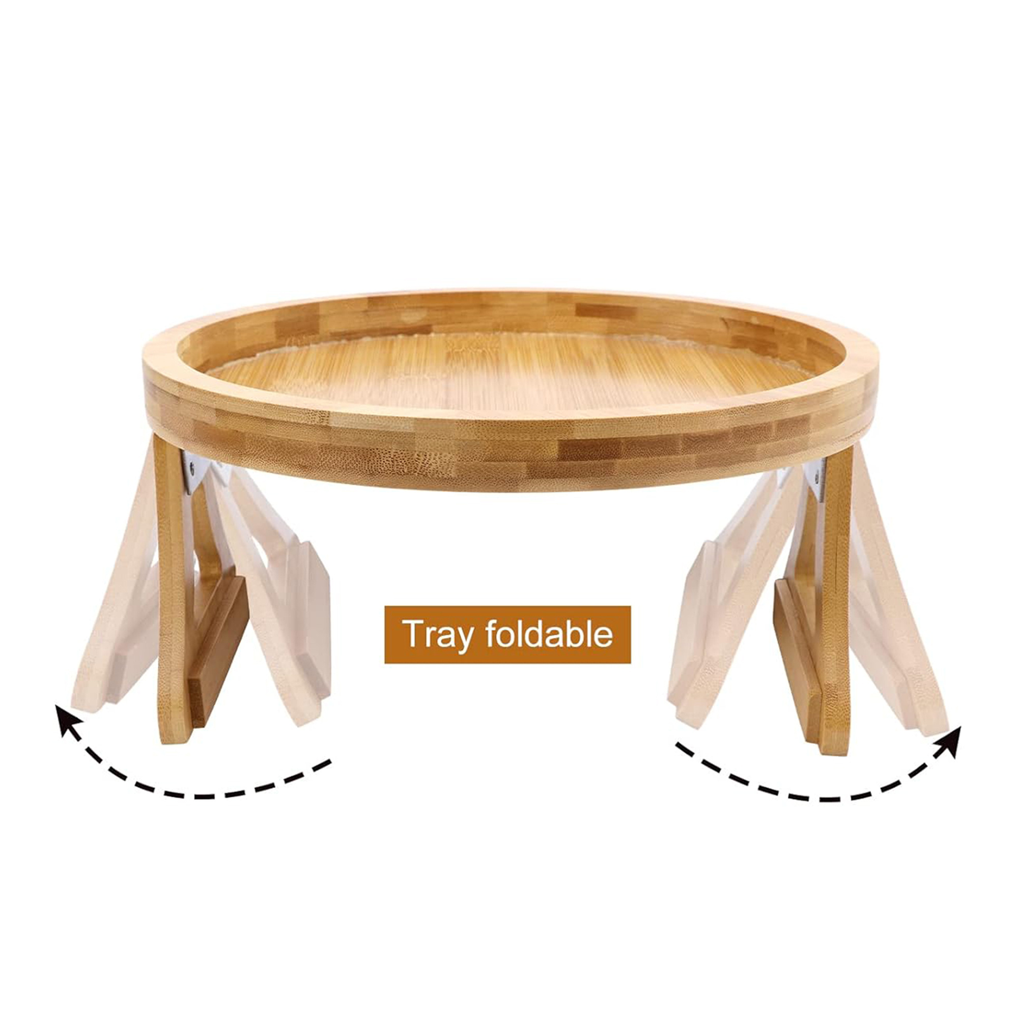 Bamboo Folding Round Adjustable Sofa Side Table Couch Arm Tray