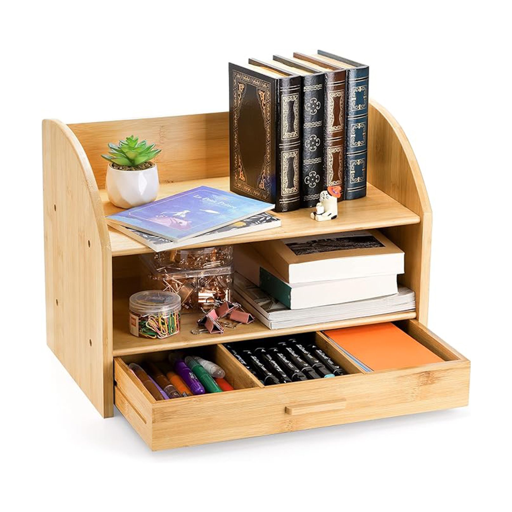 Multi-Function 3 Tier Wooden Desk File Storage Tools Custom Bamboo Desktop Office Supplies Organizer With Drawer