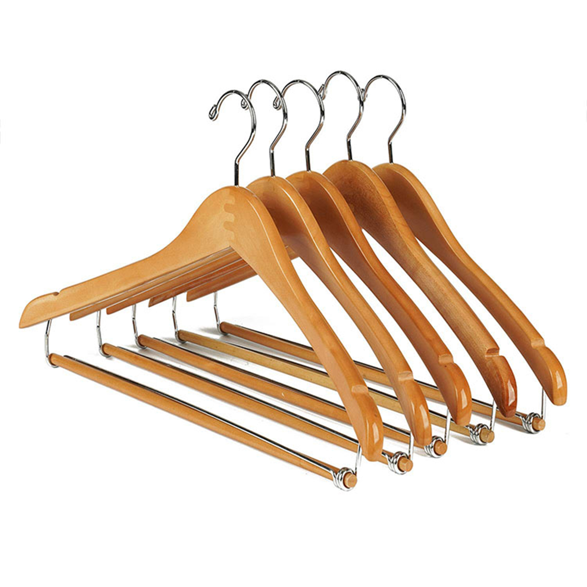 Wholesale High-Grade Curved Natural Bamboo Wooden Hangers Suit Coat With Locking Bar Chrome Hooks