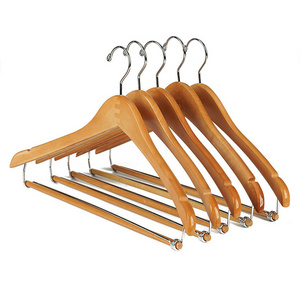 Wholesale High-Grade Curved Natural Bamboo Wooden Hangers Suit Coat With Locking Bar Chrome Hooks