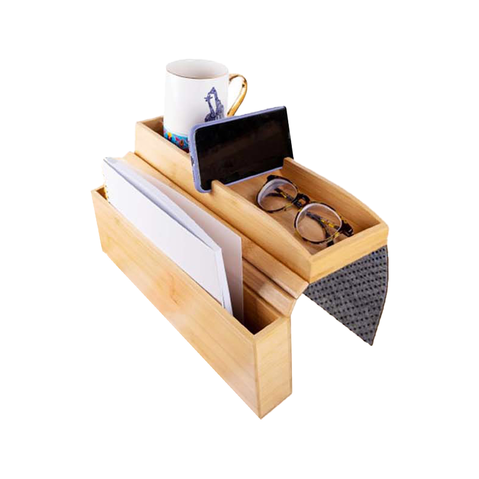 Custom Multifunctional Bamboo Couch Cup Holder with Side Storage Non-Slip Sofa Armrest Tray Table