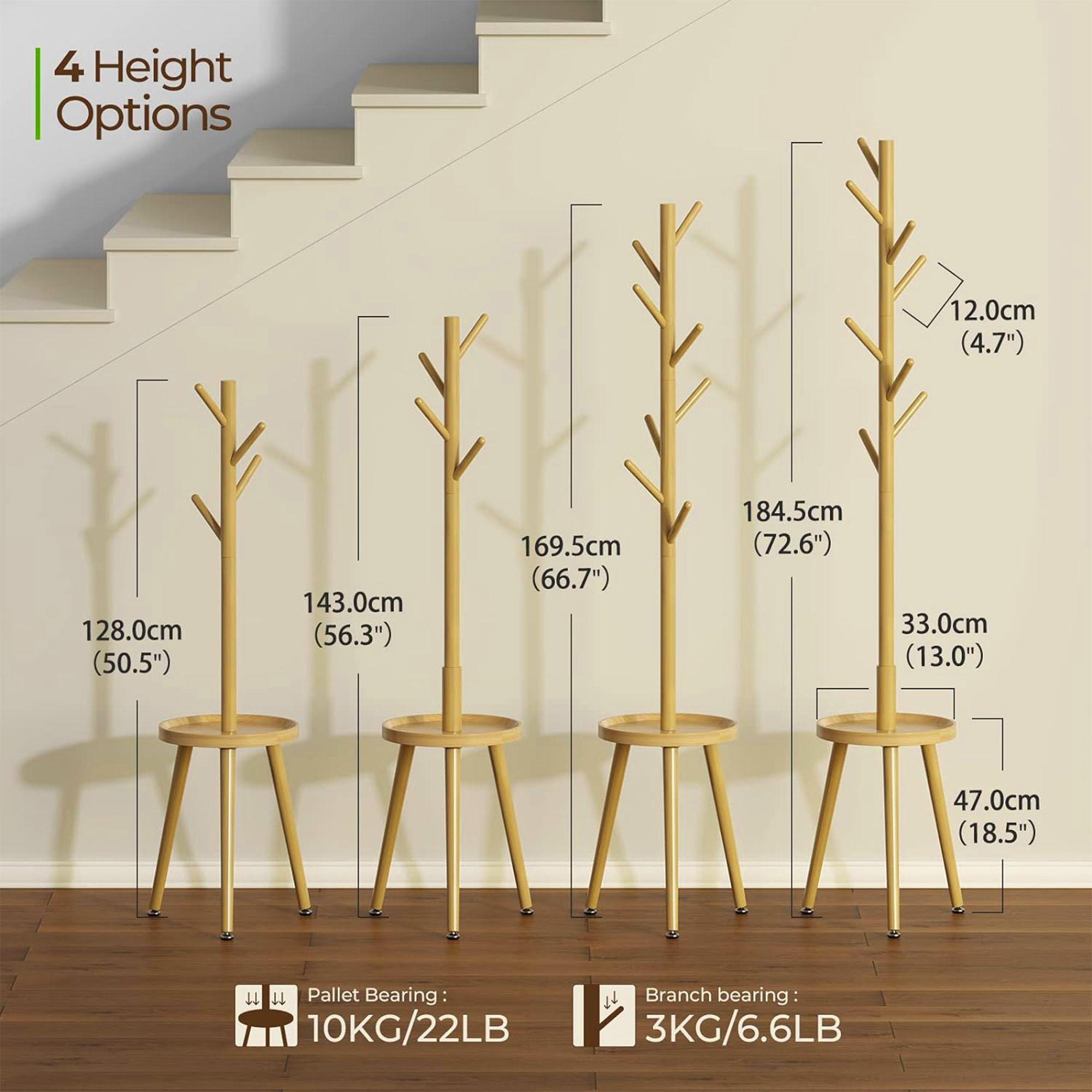 Creative Floor Standing Solid Bamboo Coat Rack Tree With Stable Reinforced Tray And 8 Hooks For Home Or Office Hall And Entryway