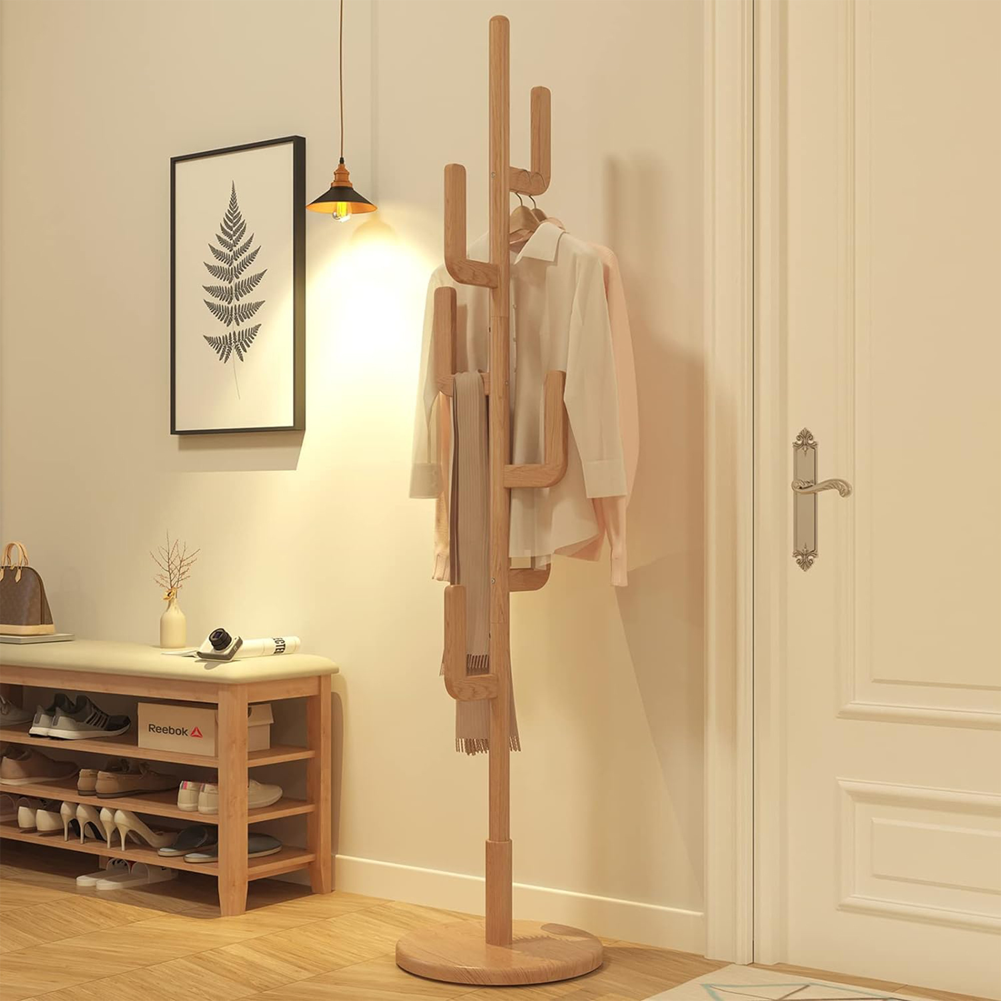 Creative Home Entrance Clothes Hats Bags Scarves Umbrellas Wooden Coat Hanger With Cactus Shape Hooks Freestanding Coat Rack