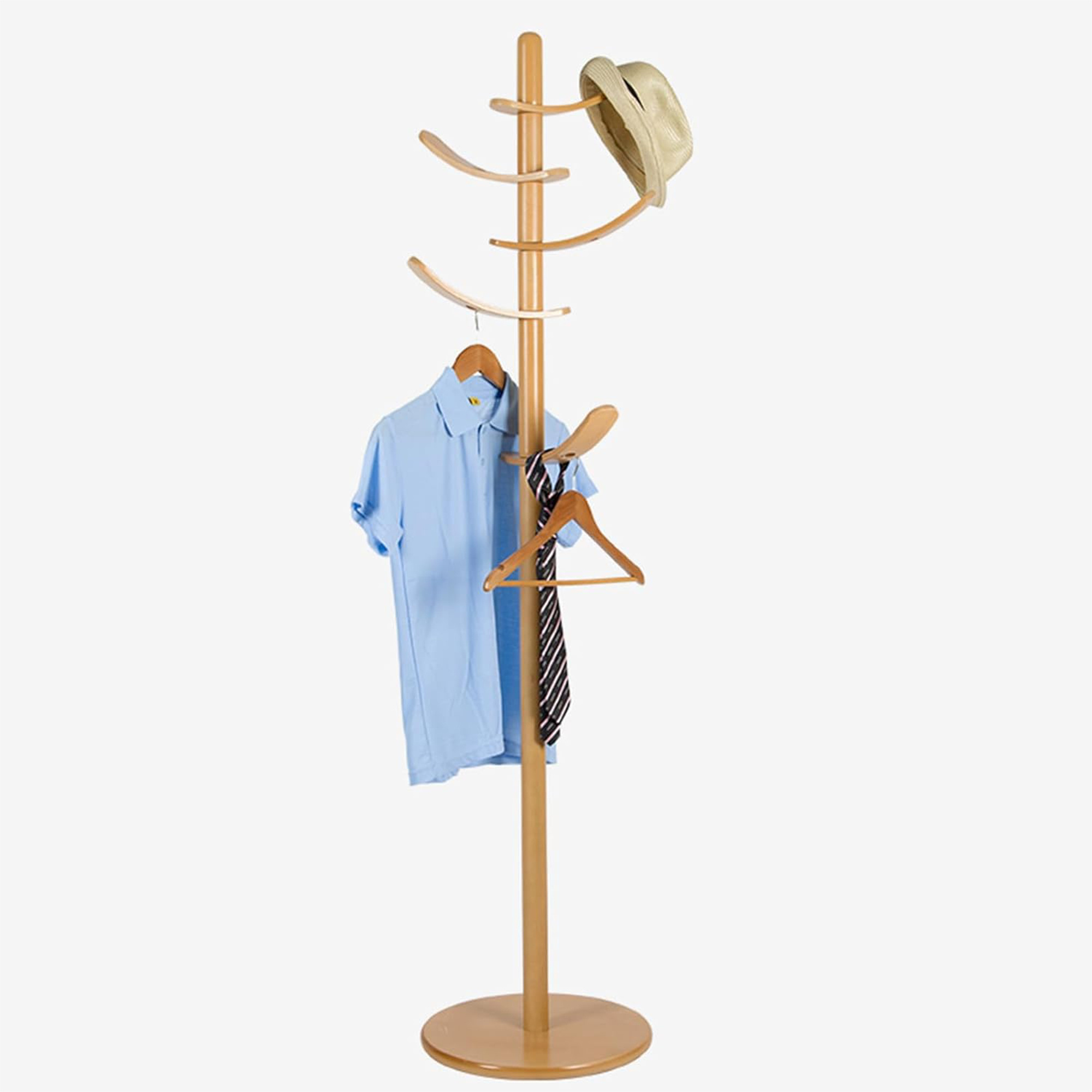 Elegant Floor Standing Solid Bamboo Coat Rack Tree With Round Base And 5 Hooks For Home Or Office