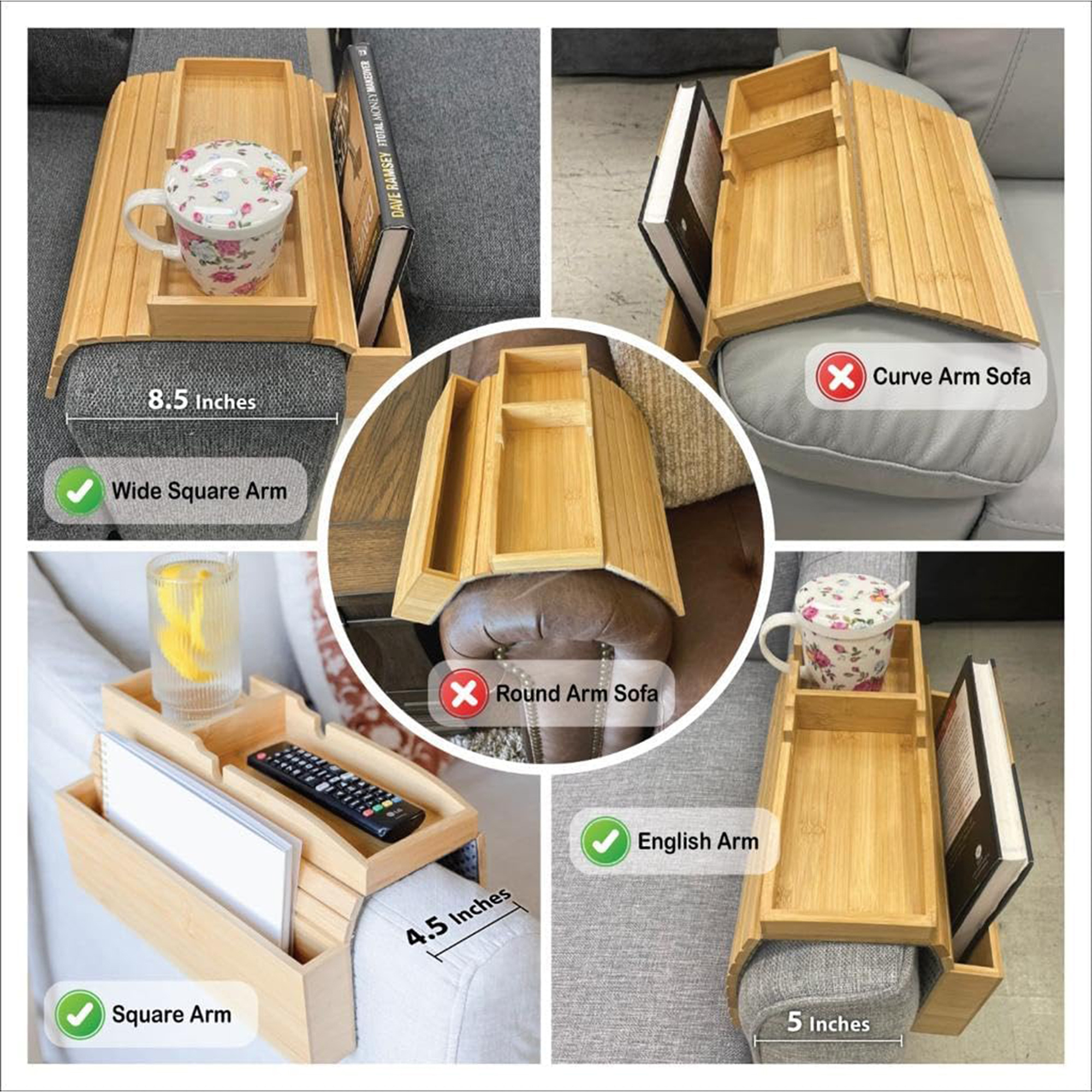 Custom Multifunctional Bamboo Couch Cup Holder with Side Storage Non-Slip Sofa Armrest Tray Table