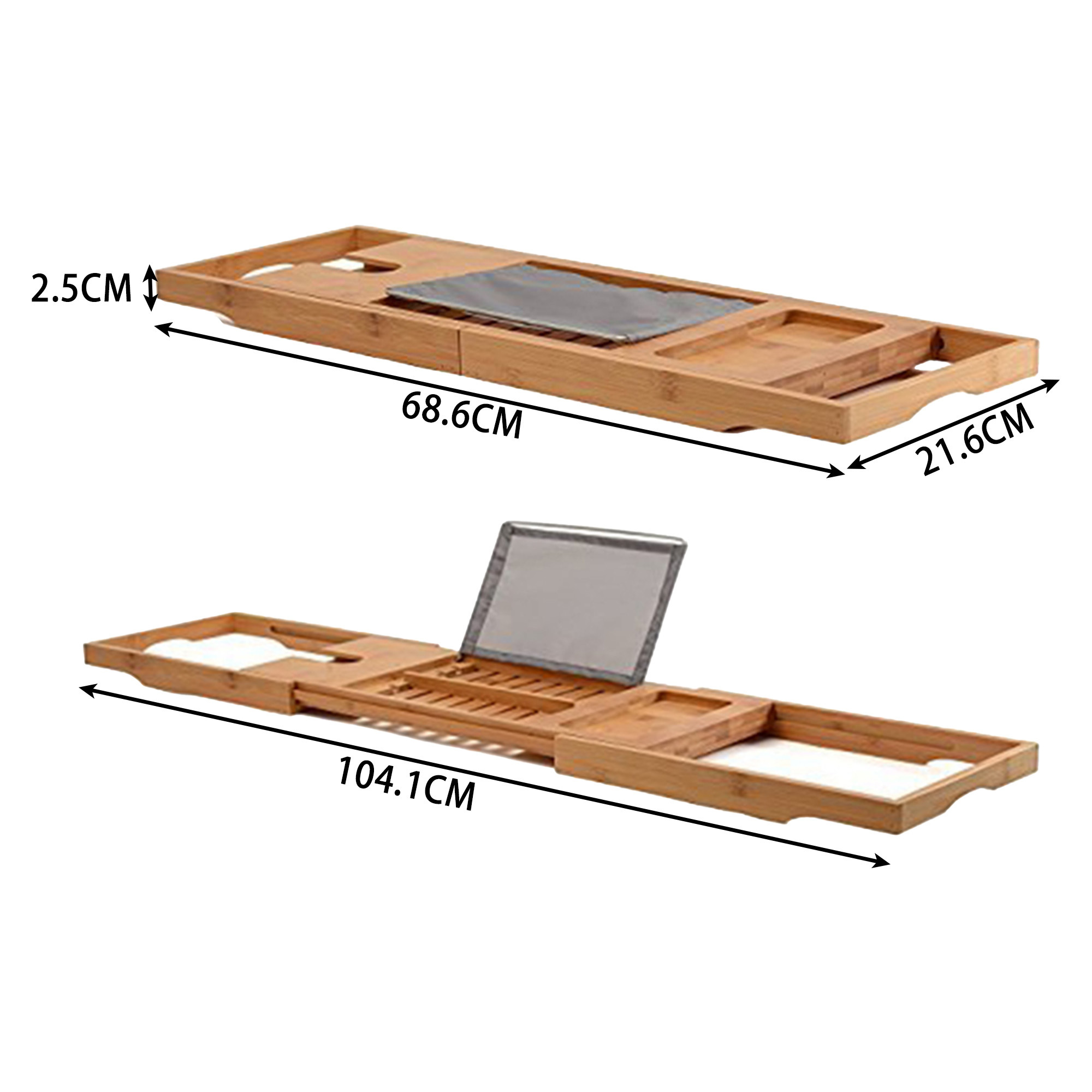 Eco-Friendly Luxury Wood Bamboo Bath Caddy Tray Expandable Spa Bathtub Shelf With Extending Sides For Tablet