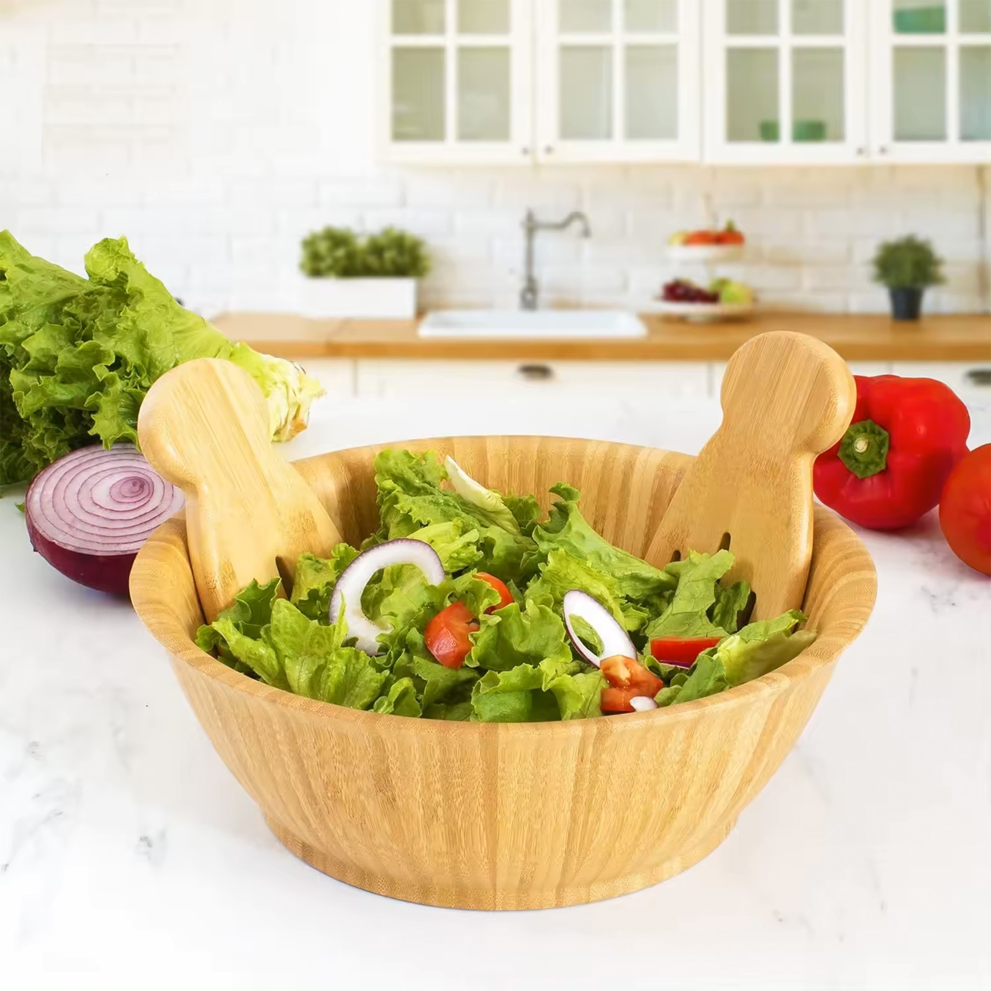 Factory Wholesale Reusable Handmade 100% Natural Round Salad Natural Bamboo Wooden Bowl