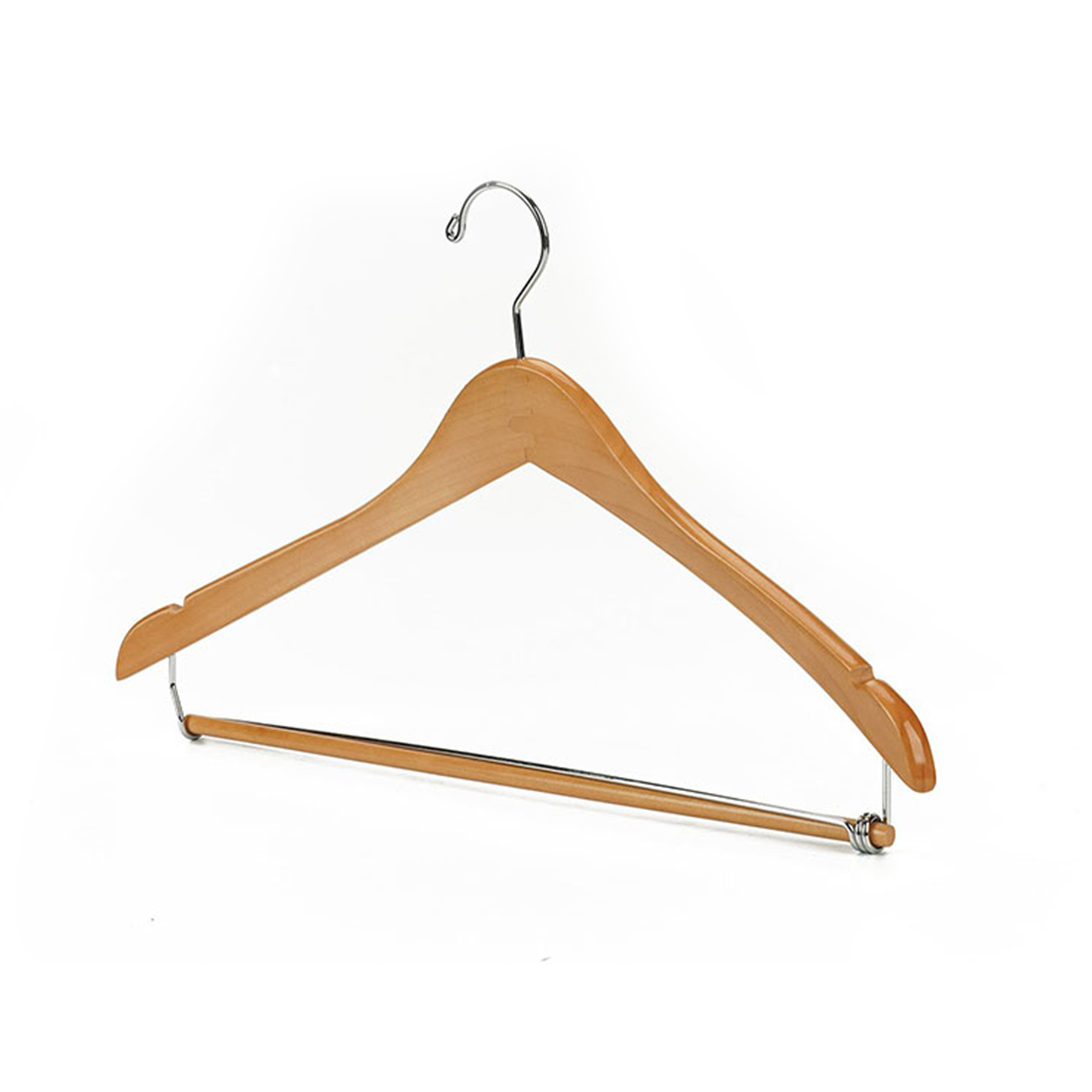 Wholesale High-Grade Curved Natural Bamboo Wooden Hangers Suit Coat With Locking Bar Chrome Hooks