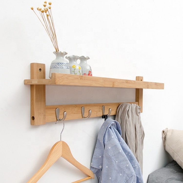 Bamboo Entryway Wall Hanging Shelf Wall-Mounted Coat Hook Rack with 6 Metal Hooks