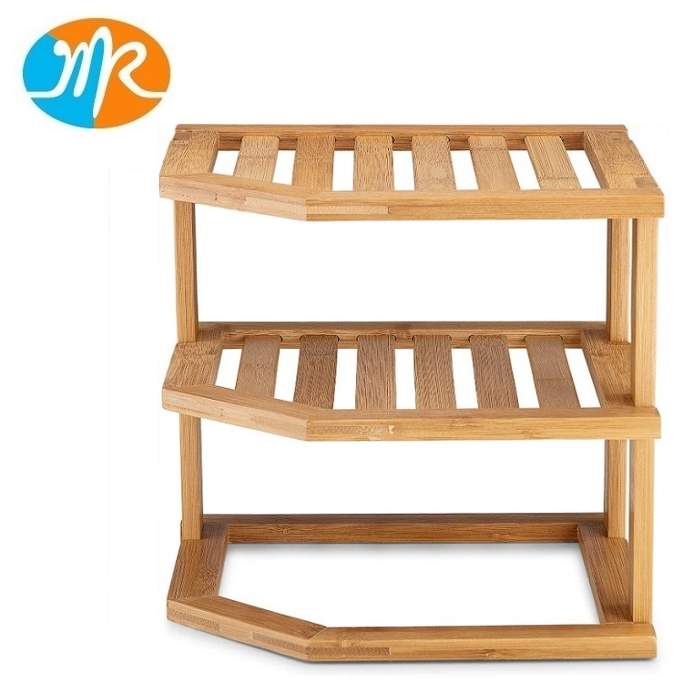 Kitchen Corner Shelf Organizer Bamboo Plate Rack Cabinet Organizer for Plates and Bowls 3 Shelf Corner Counter Organizer