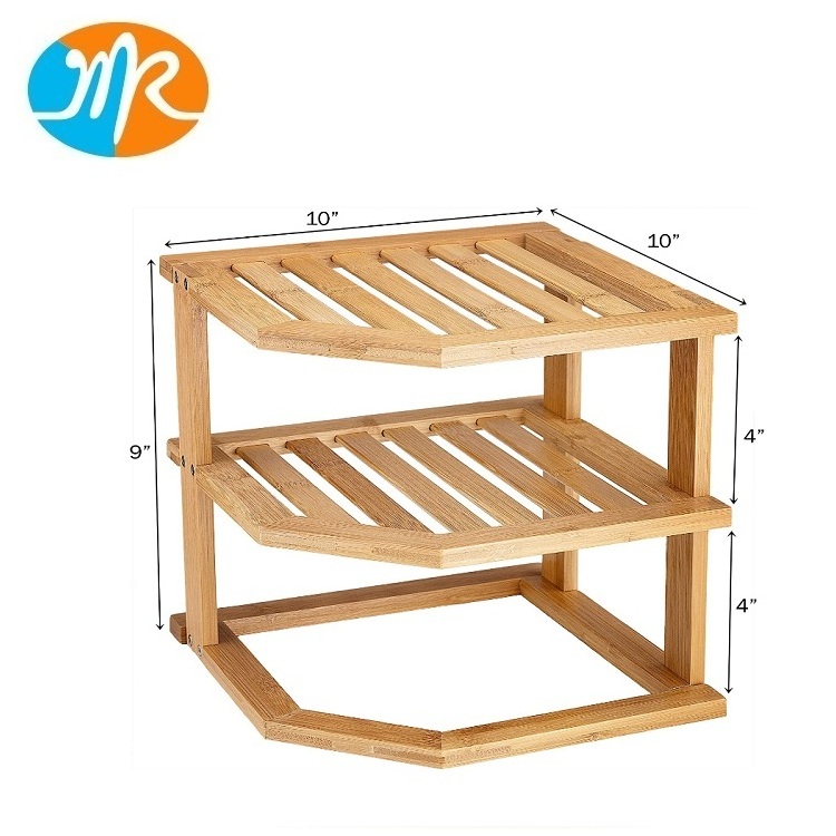 Kitchen Corner Shelf Organizer Bamboo Plate Rack Cabinet Organizer for Plates and Bowls 3 Shelf Corner Counter Organizer