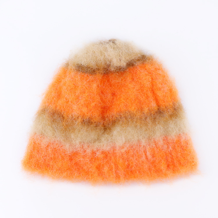 Qianzun Manufacturer orange colorblock furry fuzzy heavy knit beanie fluffy stripe plush mohair beanie