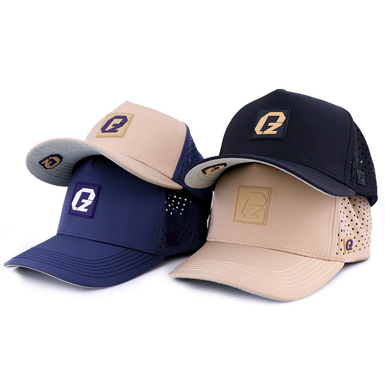 Qianzun athletic water resistant men waterproof golf hat hole laser cut perforated hat custom 5 panel polyester baseball caps