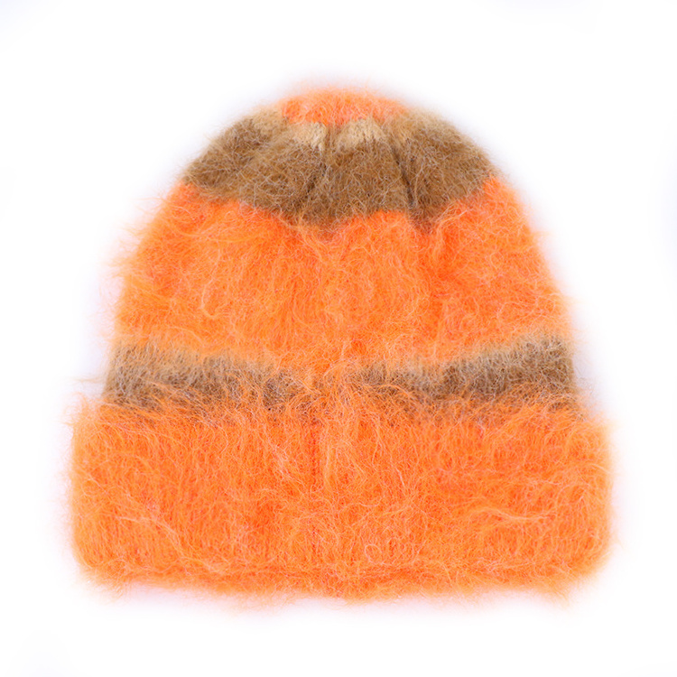 Qianzun Manufacturer orange colorblock furry fuzzy heavy knit beanie fluffy stripe plush mohair beanie