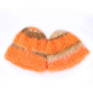 Qianzun Manufacturer orange colorblock furry fuzzy heavy knit beanie fluffy stripe plush mohair beanie