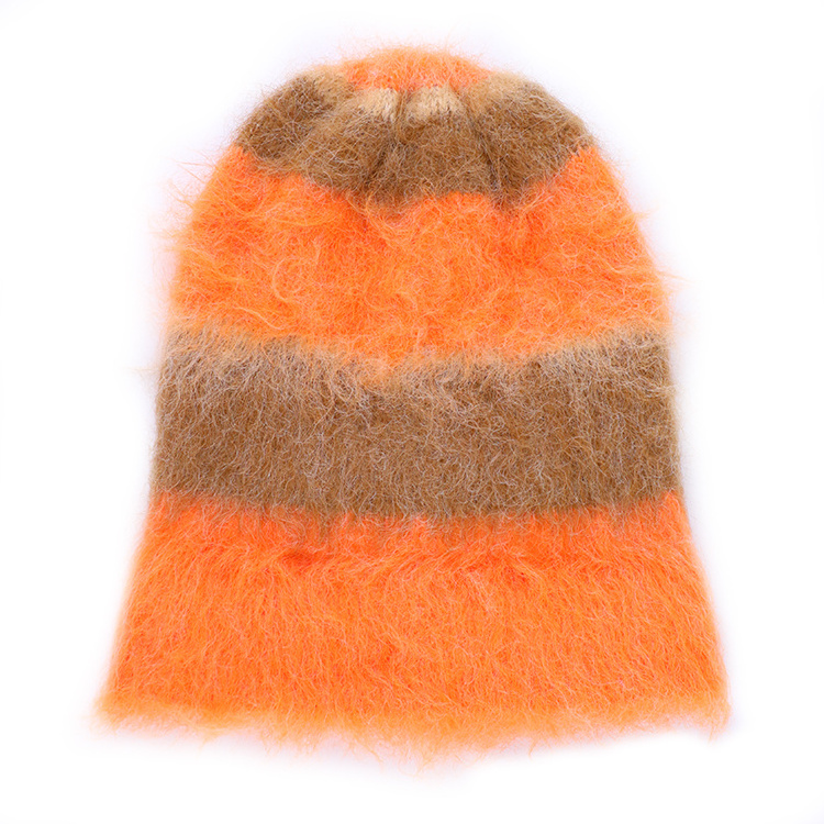 Qianzun Manufacturer orange colorblock furry fuzzy heavy knit beanie fluffy stripe plush mohair beanie