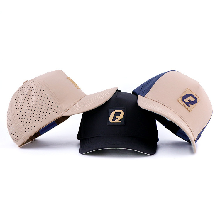 Qianzun athletic water resistant men waterproof golf hat hole laser cut perforated hat custom 5 panel polyester baseball caps