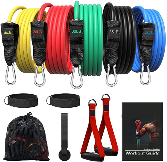 Custom Sports 100/150LBS Fitness 11 Pcs Exercise Tube Set Latex Resistance Bands Heavy Power Workout  Gym Equipment