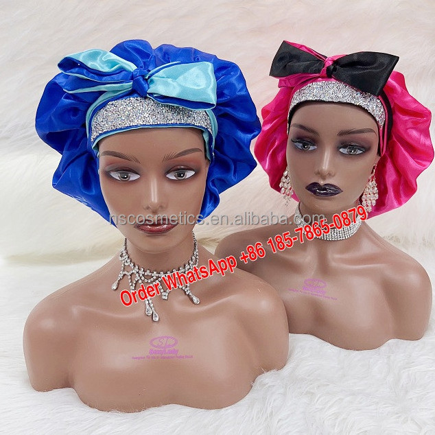 Free Sample Custom Logo Jumbo Satin Silk Sleep bonnet Double Layer Glitter Diamond designer bonnets And Satin Hair Wraps