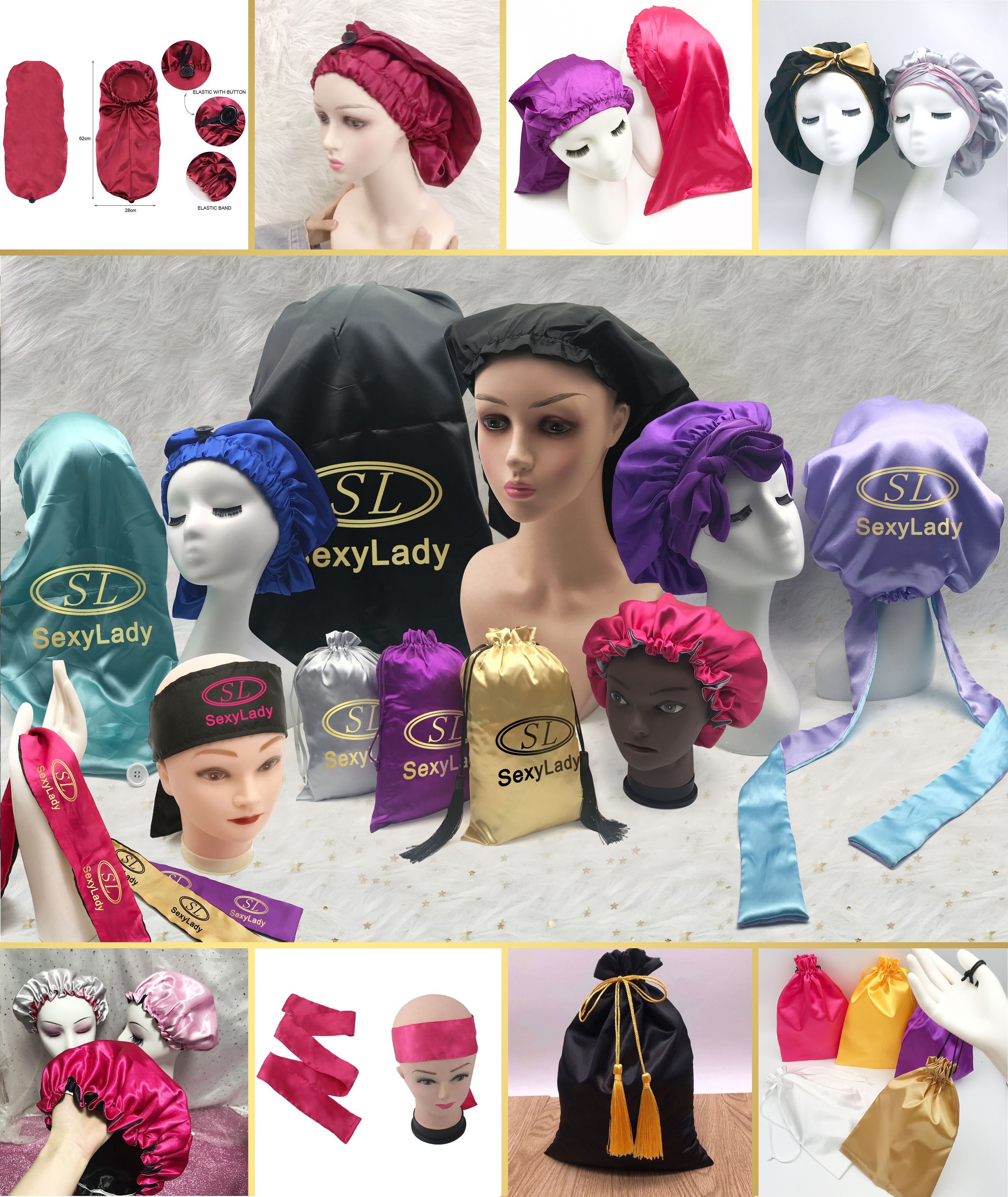 Free Sample Custom Logo Jumbo Satin Silk Sleep bonnet Double Layer Glitter Diamond designer bonnets And Satin Hair Wraps