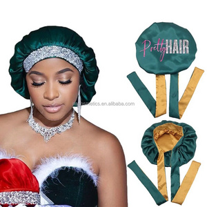 Free Sample Custom Logo Jumbo Satin Silk Sleep bonnet Double Layer Glitter Diamond designer bonnets And Satin Hair Wraps