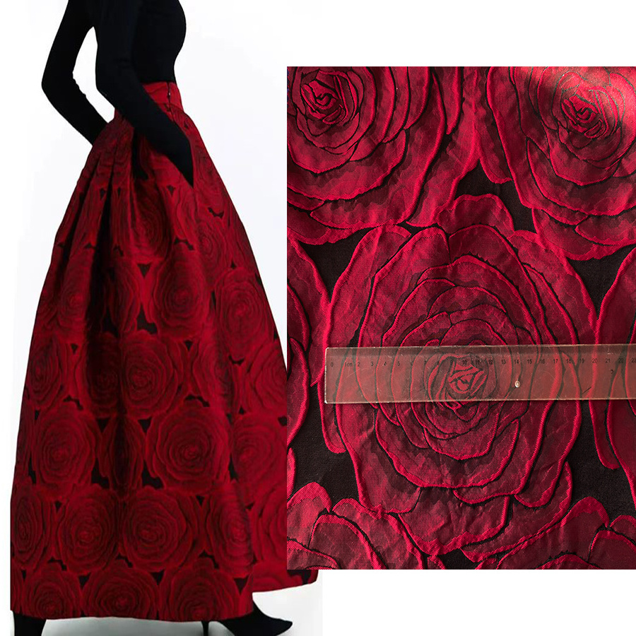 NAIS new 100polyester big large scale red 3d embossed raised flower rose  brocade jacquard fabric for dress