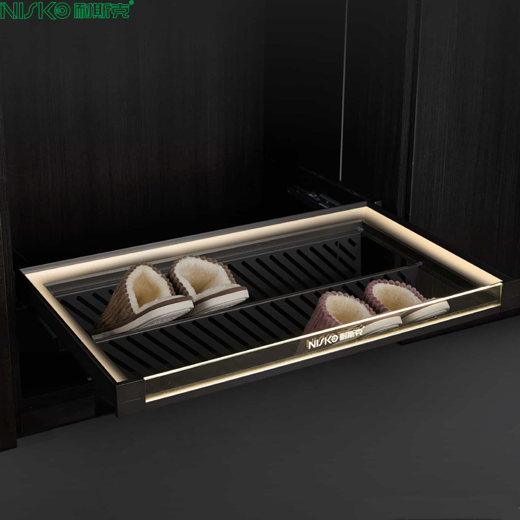 LED light glass pull out shoes rack furniture modern design glass door wooden wardrobe walk in closet