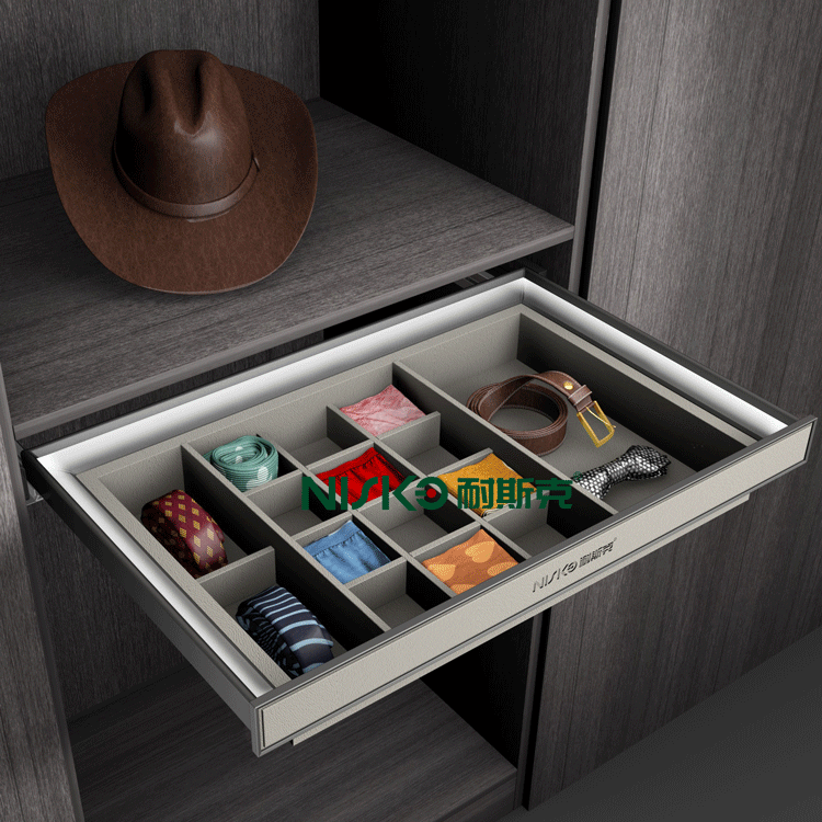 Aluminium Alloy Storage Sliding Drawer  with concealed slide Display Tray in Wardrobe Cabinet furniture