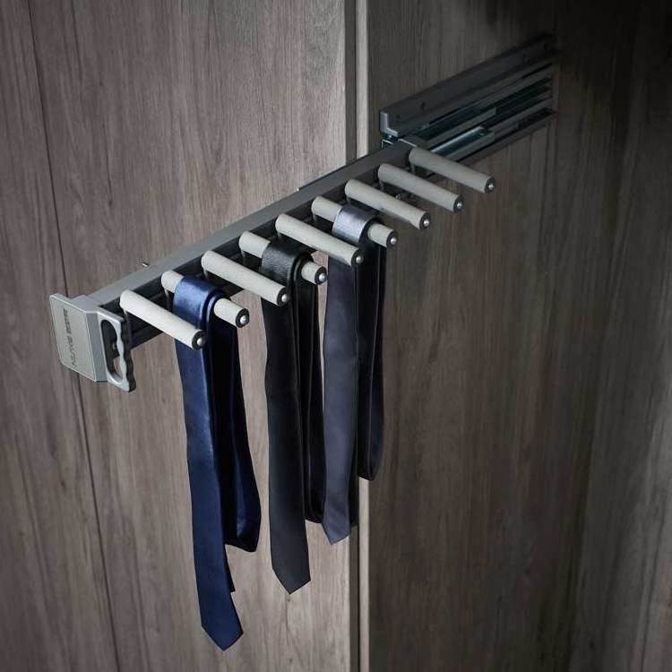 Wardrobe accessories side mount pull out tie rack and belt hanger