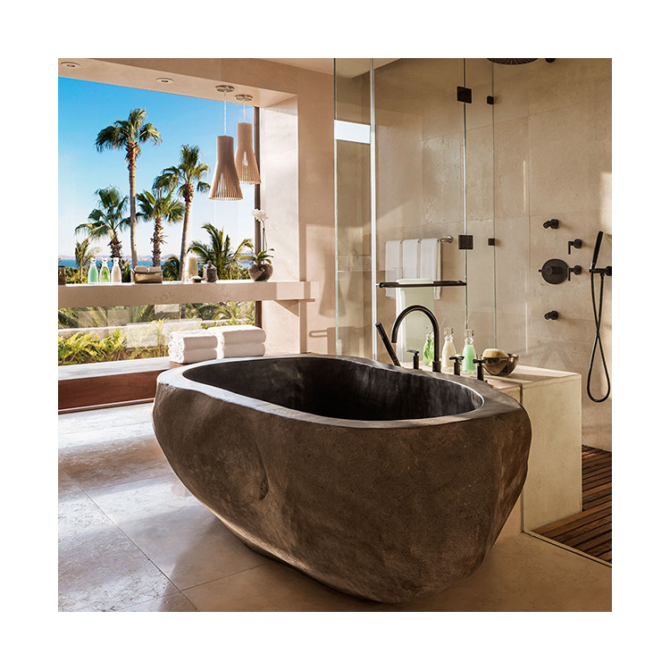 Modern Indoor Corner Use Large Natural Black Round Marble Stone Tub Bathtub Prices