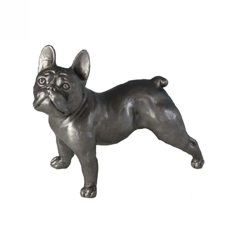 Home decoration life size metal animal figurines silvered bronze dog sculpture French bulldog statue for sale